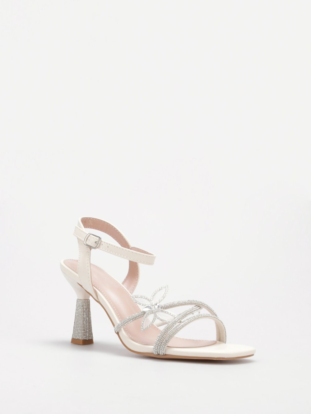 Beige rhinestone butterfly stiletto sandals