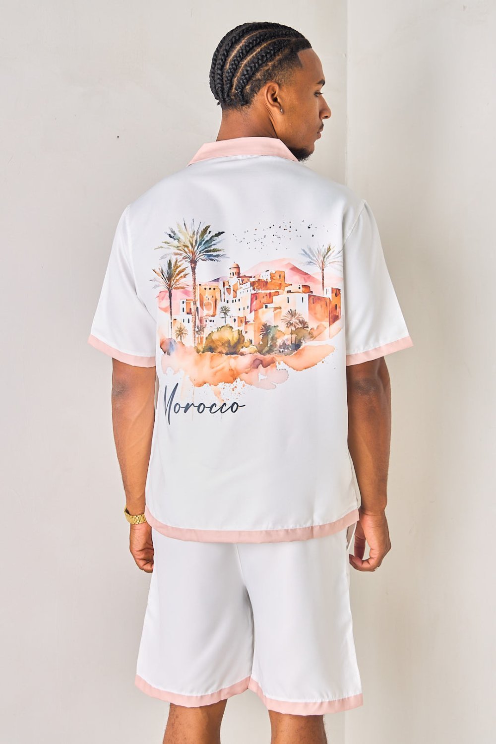 Beige Morocco print shirt and shorts set