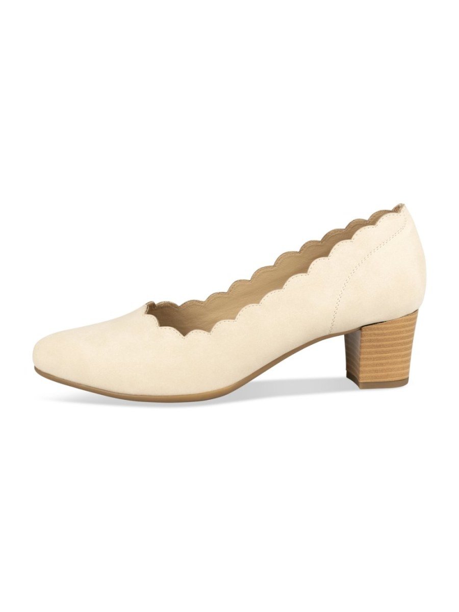 Beige scalloped block-heel pumps