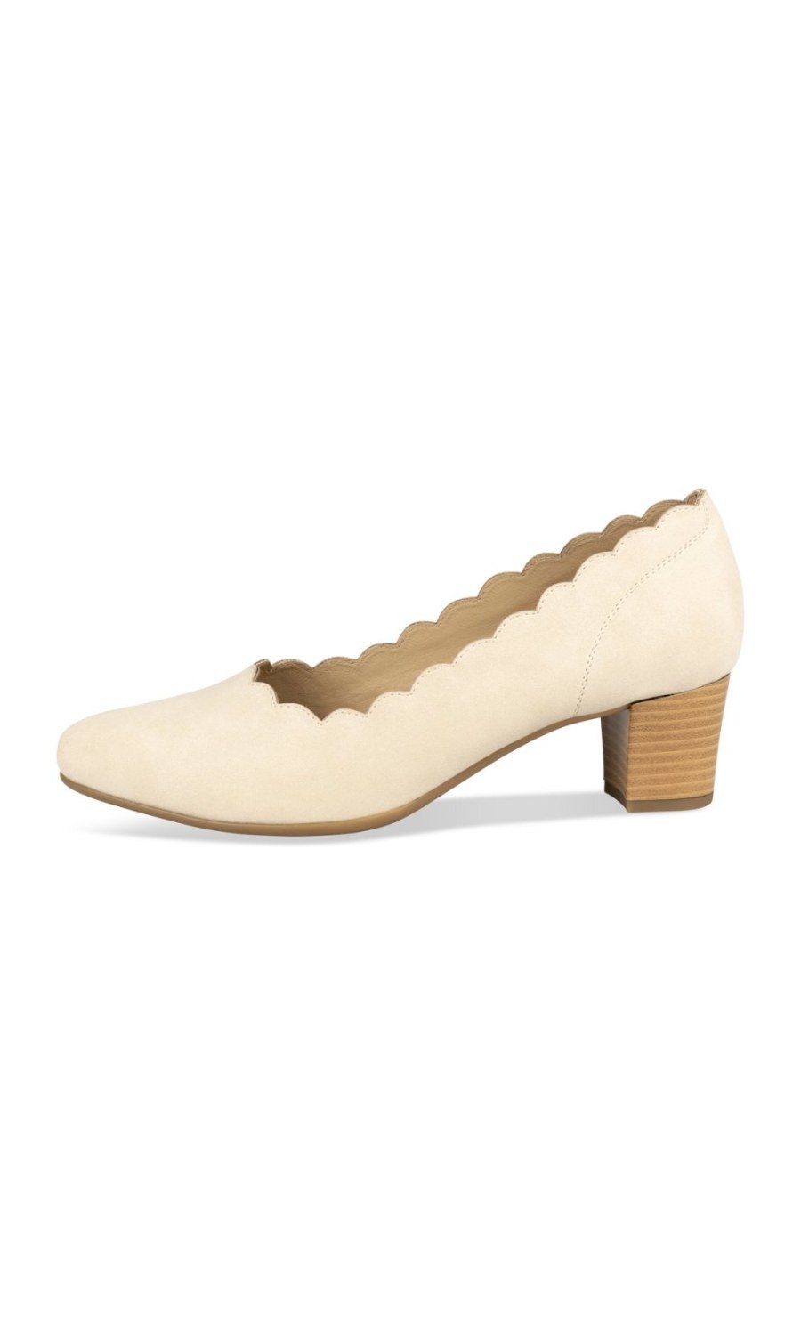 Beige scalloped block-heel pumps