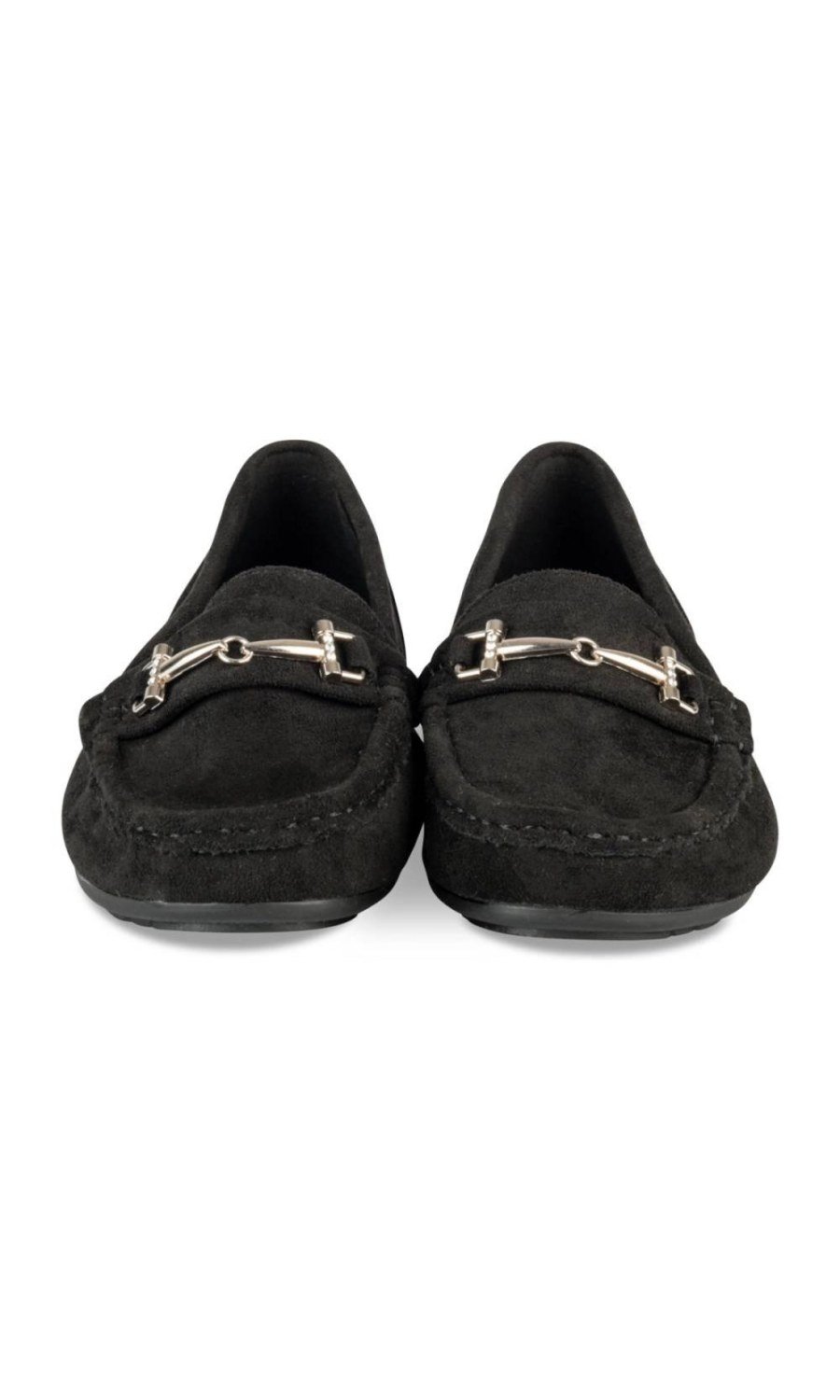 Black faux suede loafers, silver horsebit