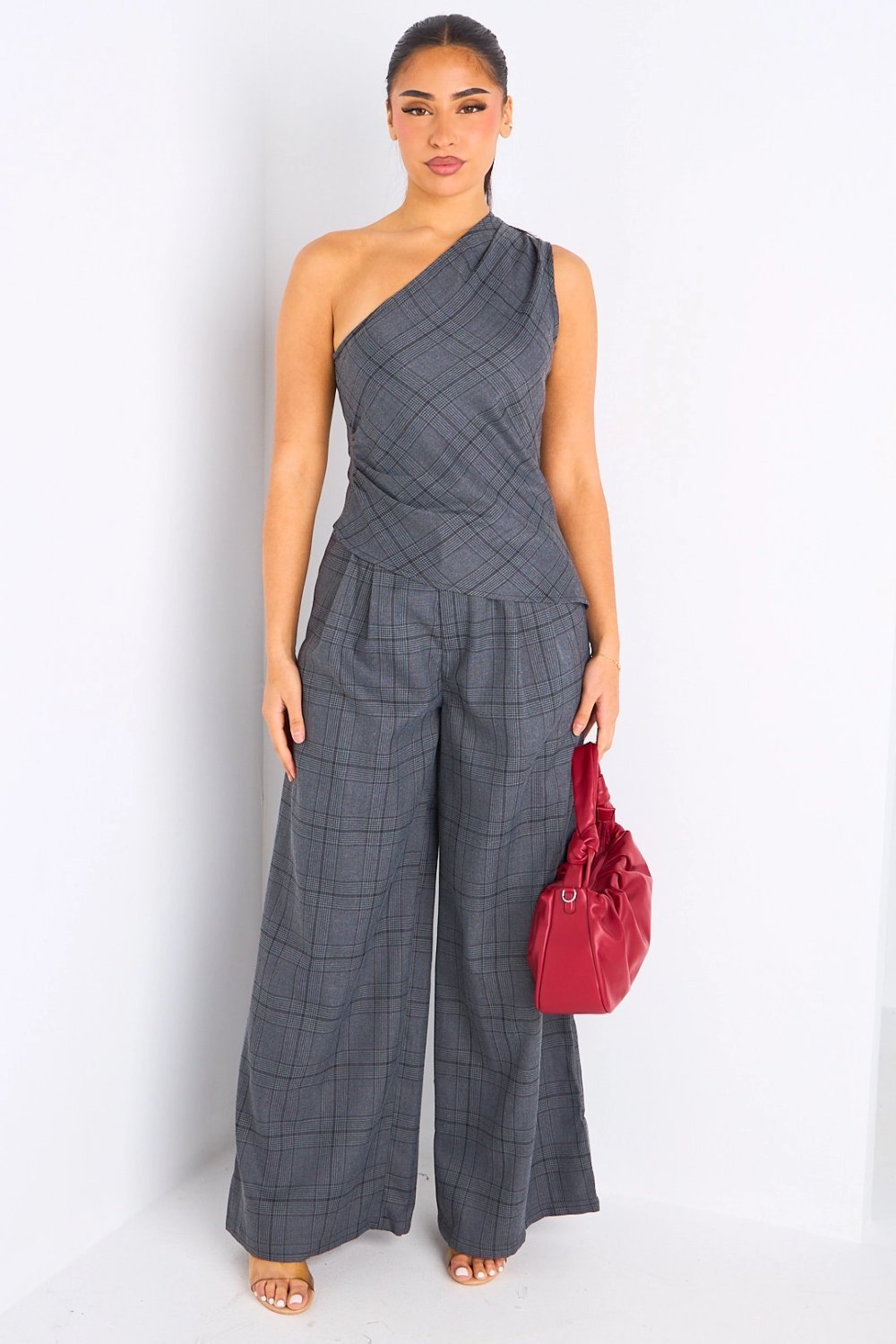 Ensemble top asymétrique à carreaux gris