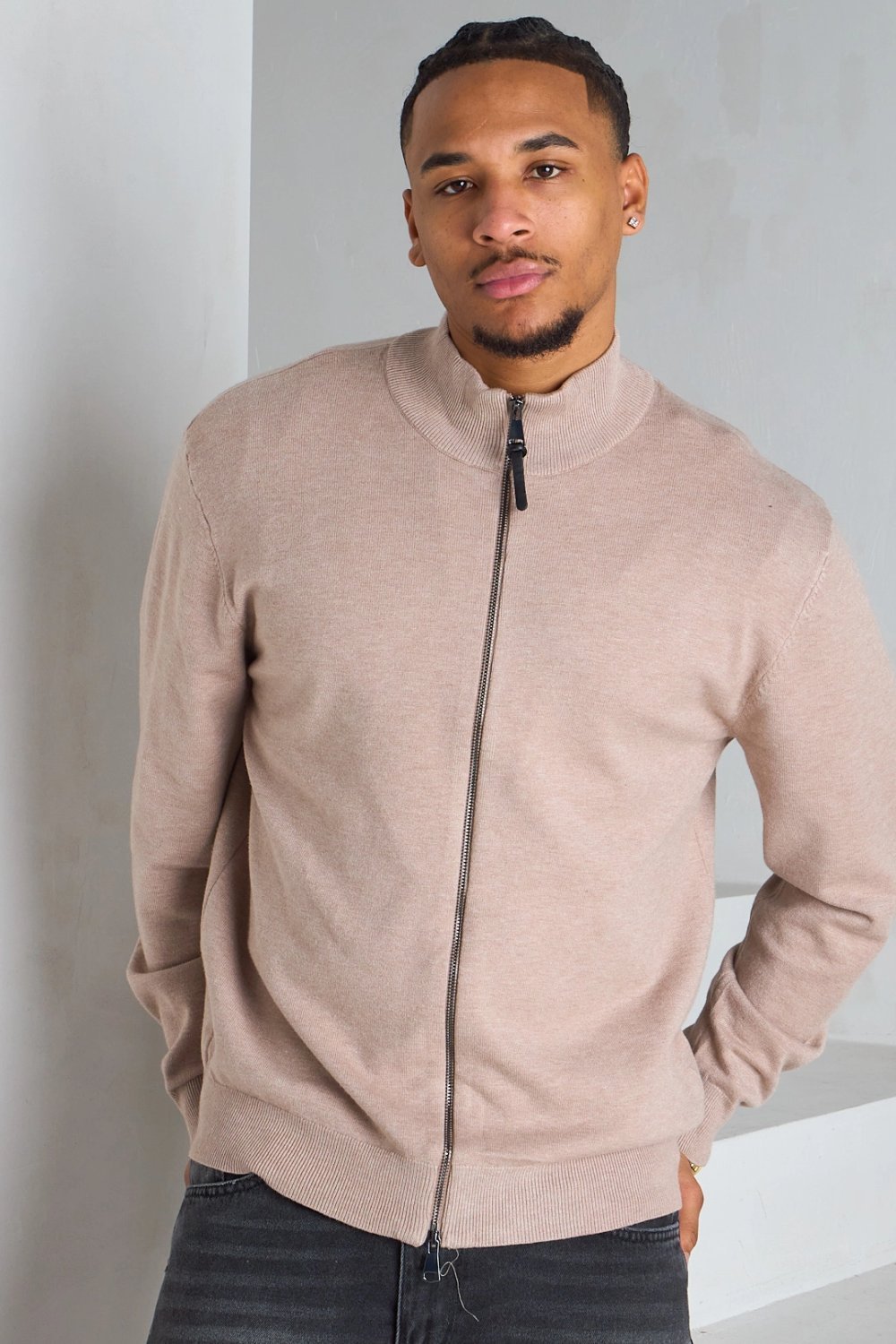 Beige crew neck jacket with two-way zip