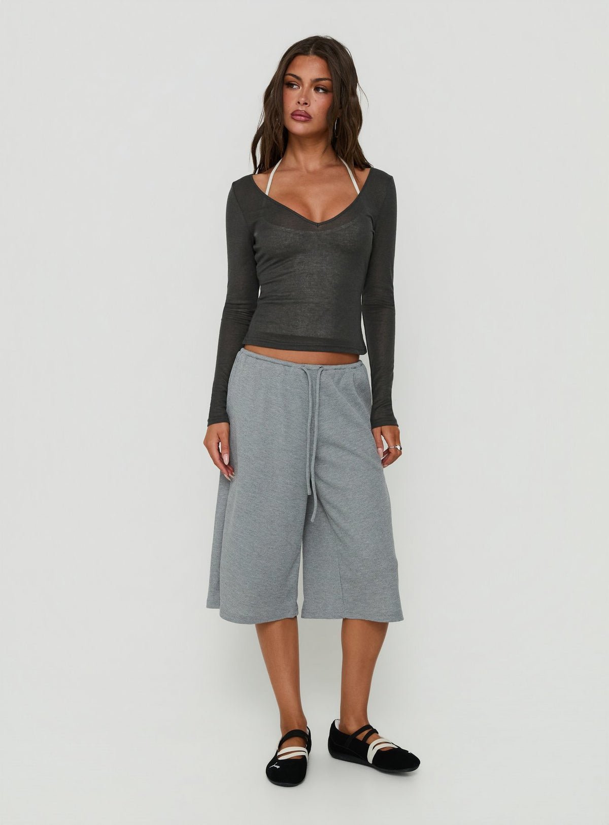 Sheer v-neck long sleeve top