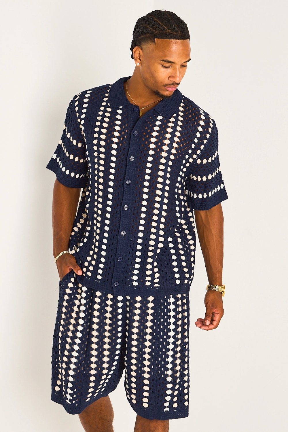 Navy striped crochet shirt and shorts set