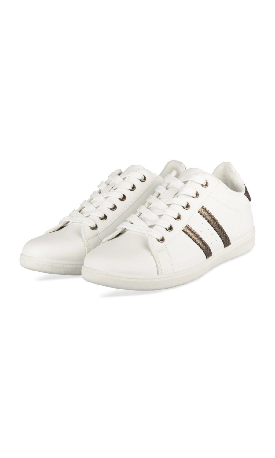 White sneakers with bronze side stripes