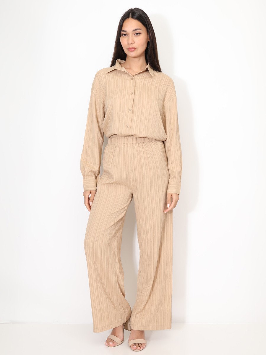 Taupe pleated long shirt and trousers set