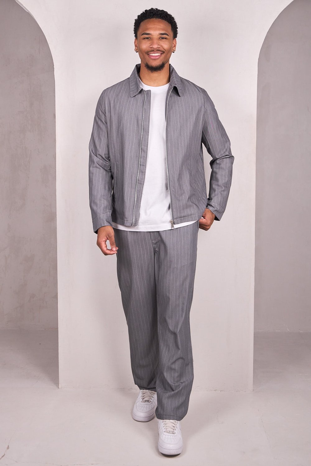 Grey striped zip jacket and trousers set
