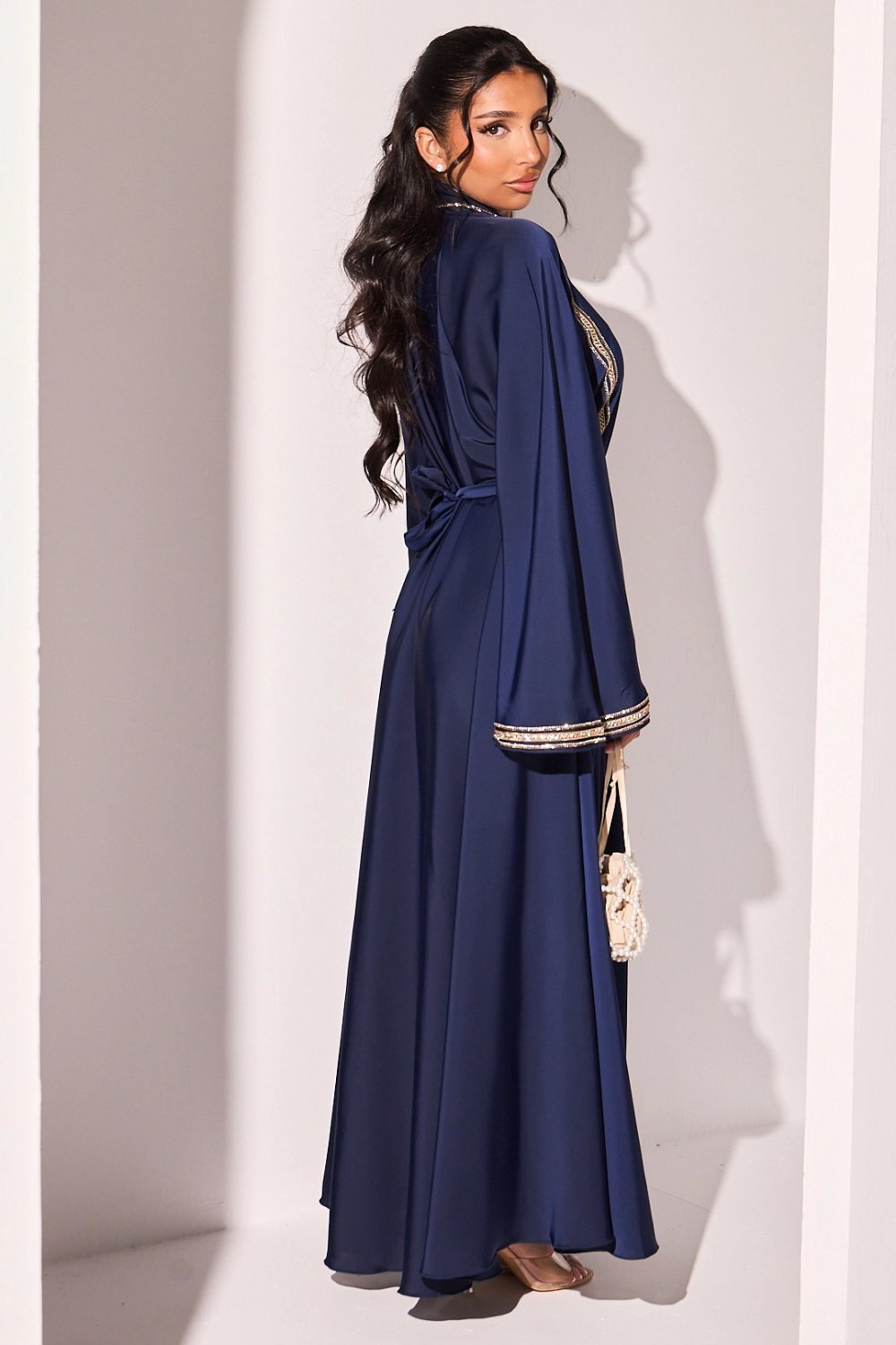 Dark blue abaya with two-tone rhinestone bands