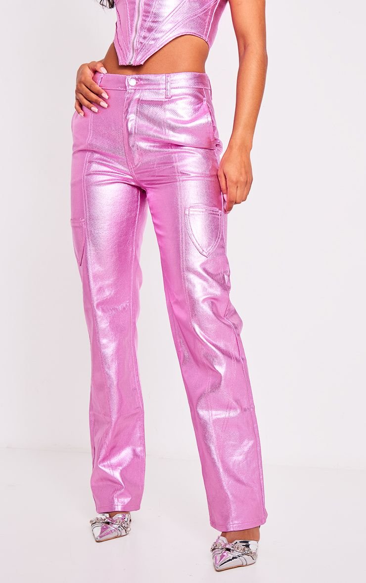 Metallic straight leg jeans with seam detail