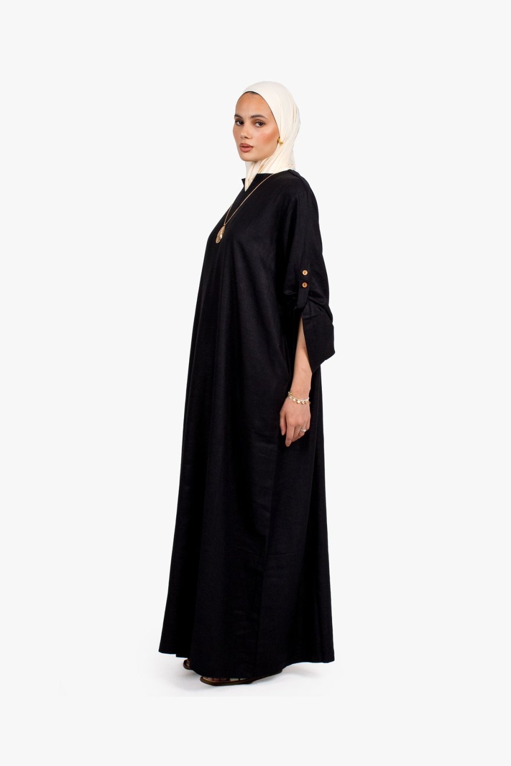 Abaya lin et coton à manches boutonnées - Noir