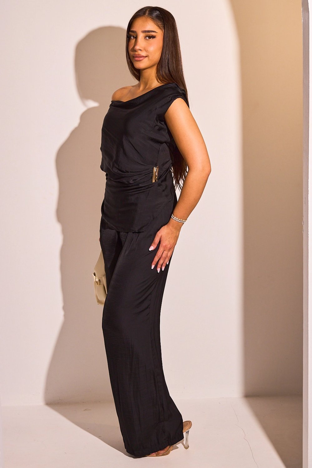 Asymmetric cowl-neck top and trousers set, black