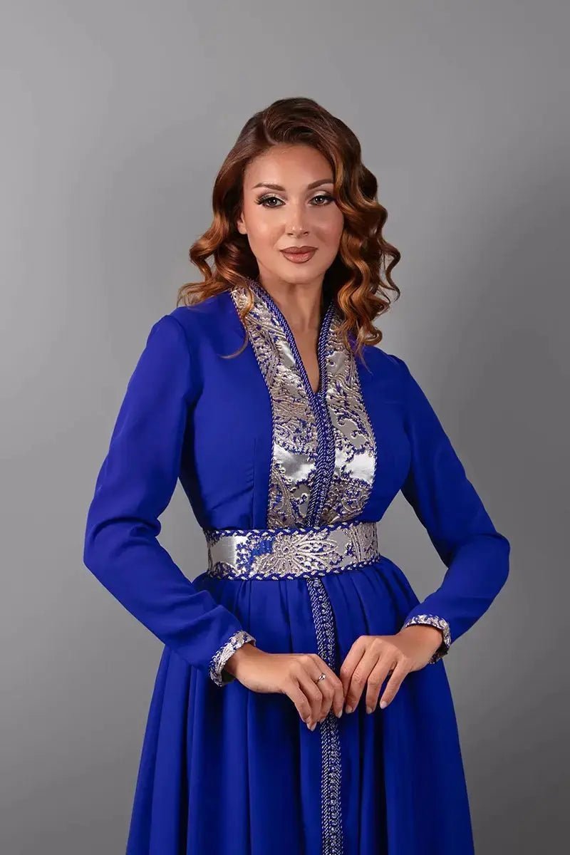Royal blue kaftan with gold lamé trousers