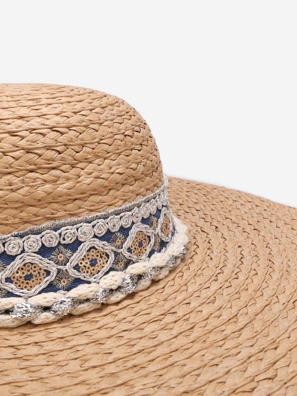 Taupe straw floppy hat with embroidered band