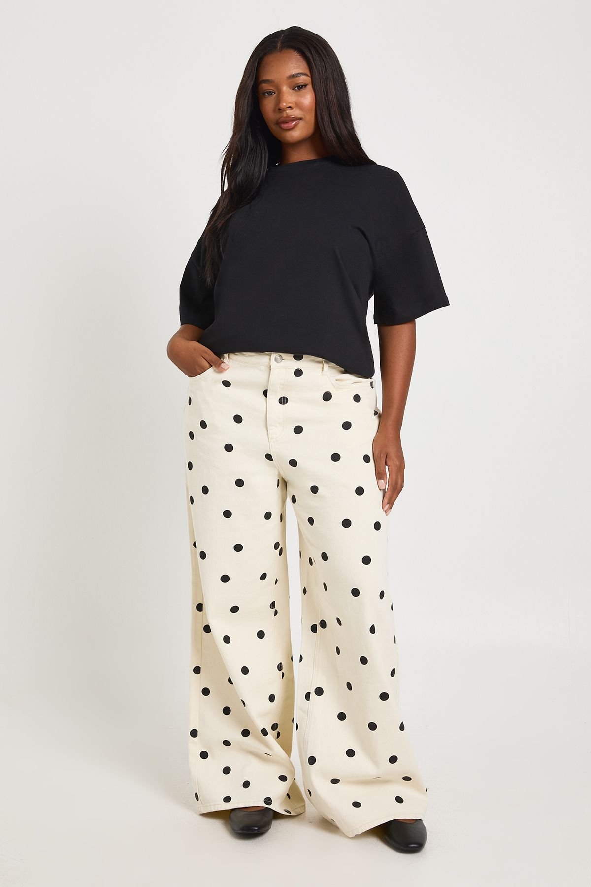 Jean Grande Taille À Pois Taille Haute Jambe Large