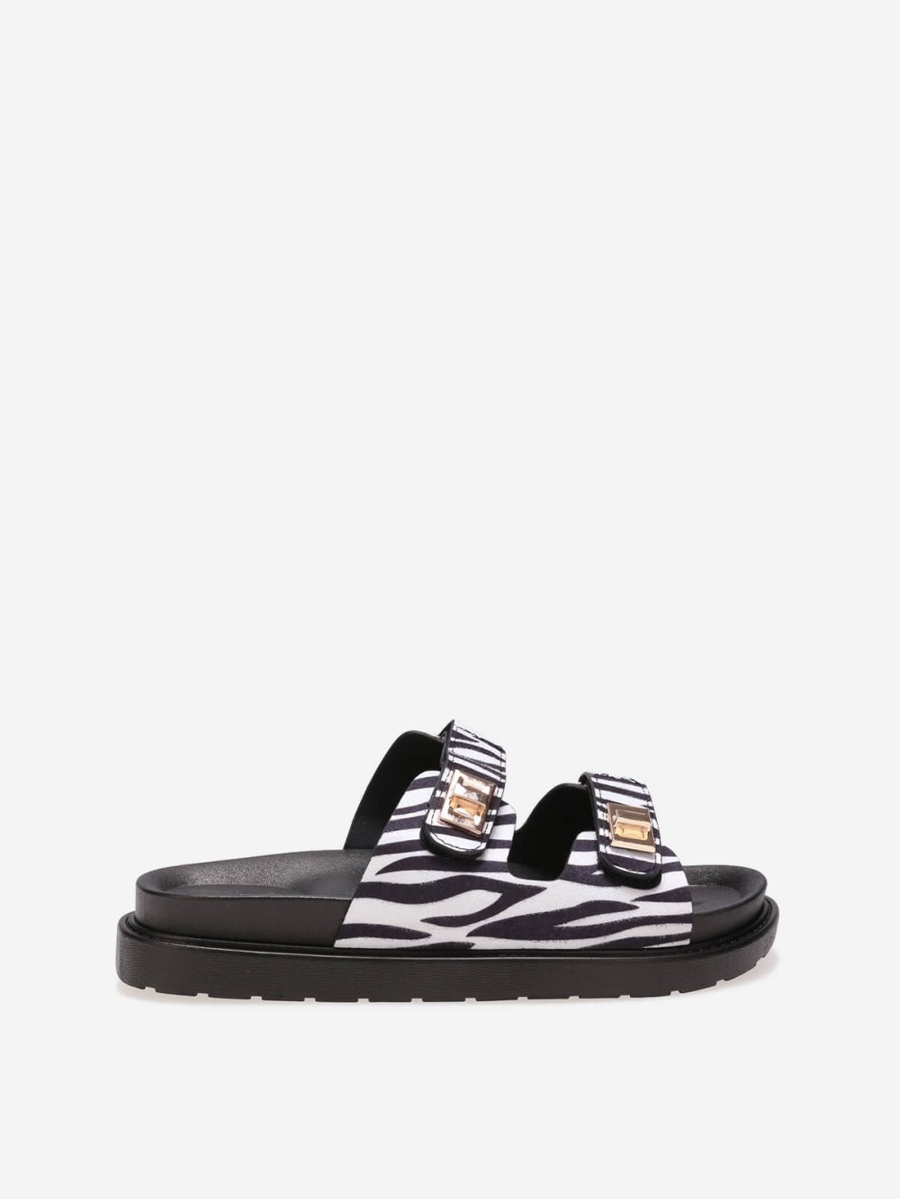Black and white platform mules with straps
