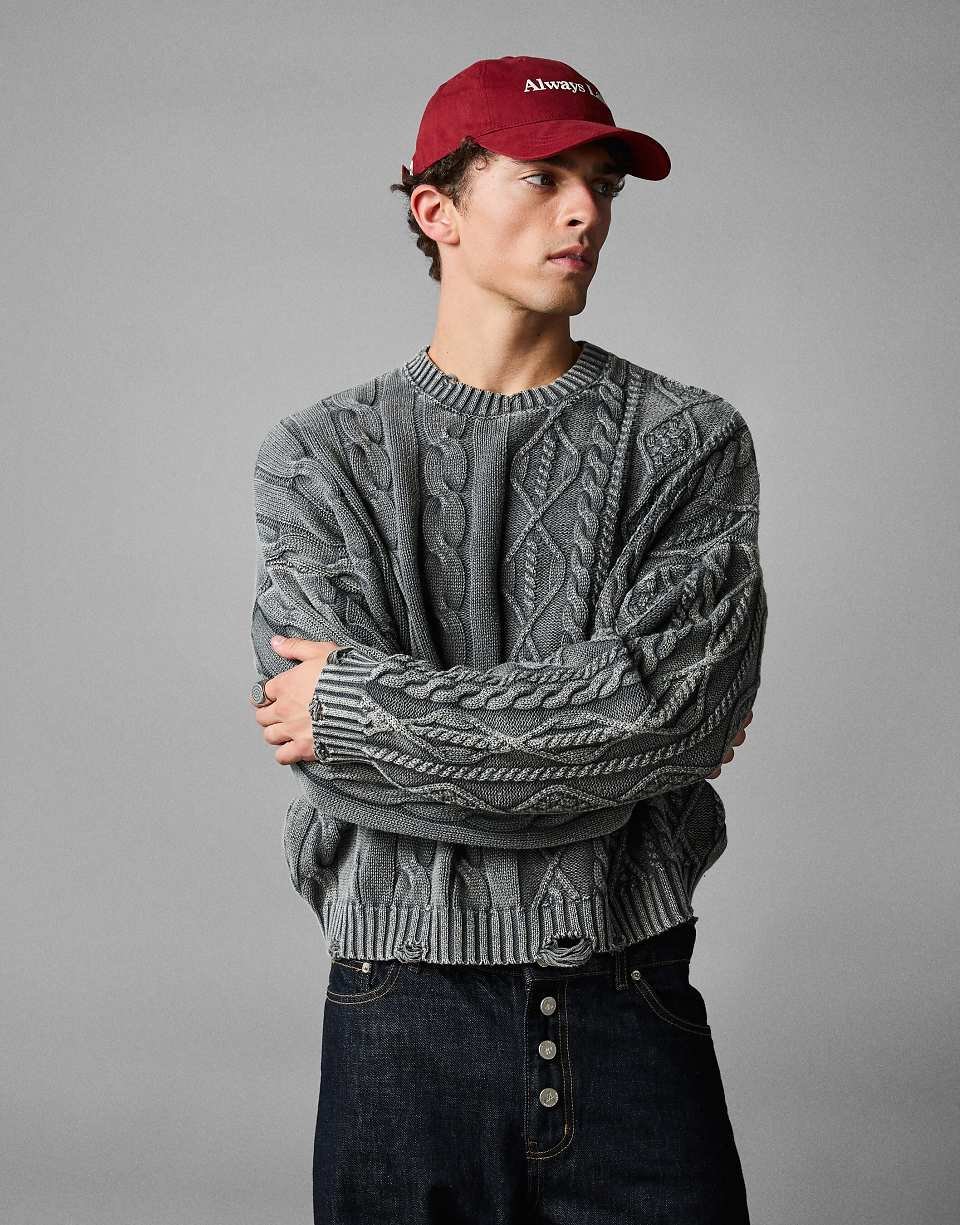 Pull en maille torsadée - Gris et noir délavé