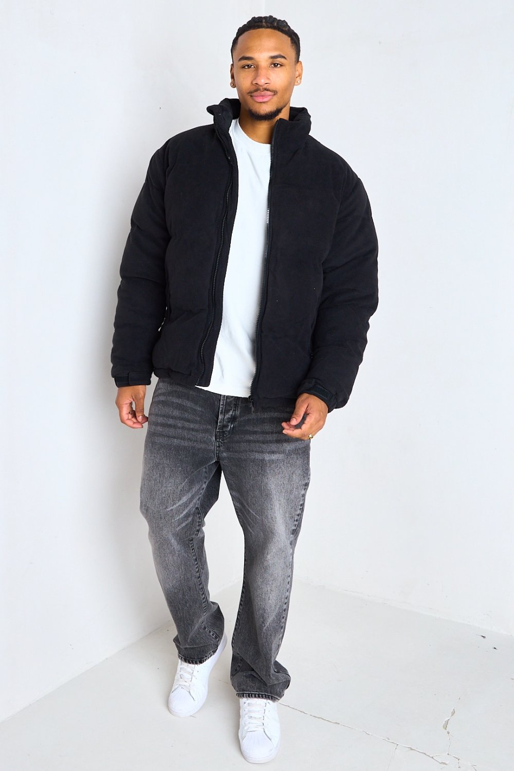 Black lightweight puffer jacket with high neck