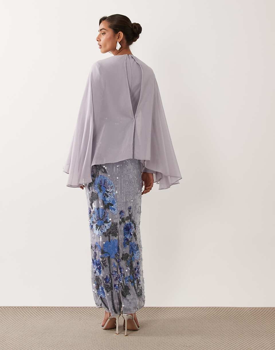 Blue Maxi Dress With Embellished Skirt And Cape Detail