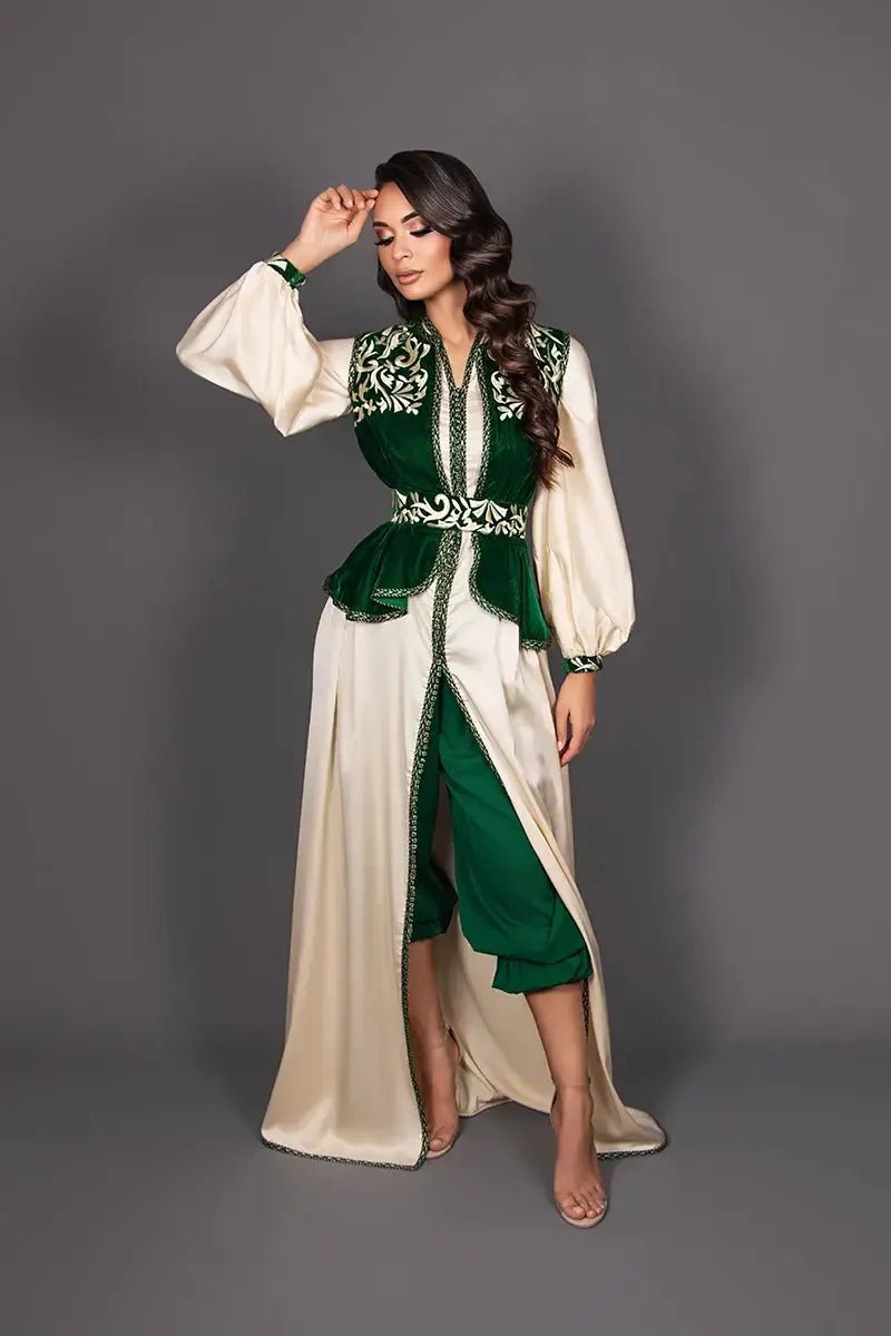 Caftan drap de soie m3a sarwal w gilet velours