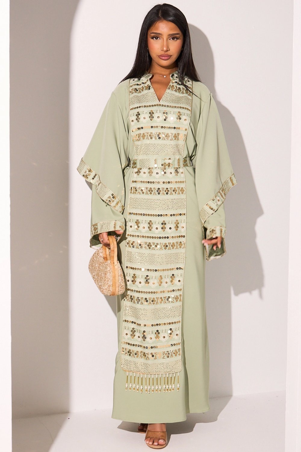 Abaya khedra fat7a b manches drapées w paillettes