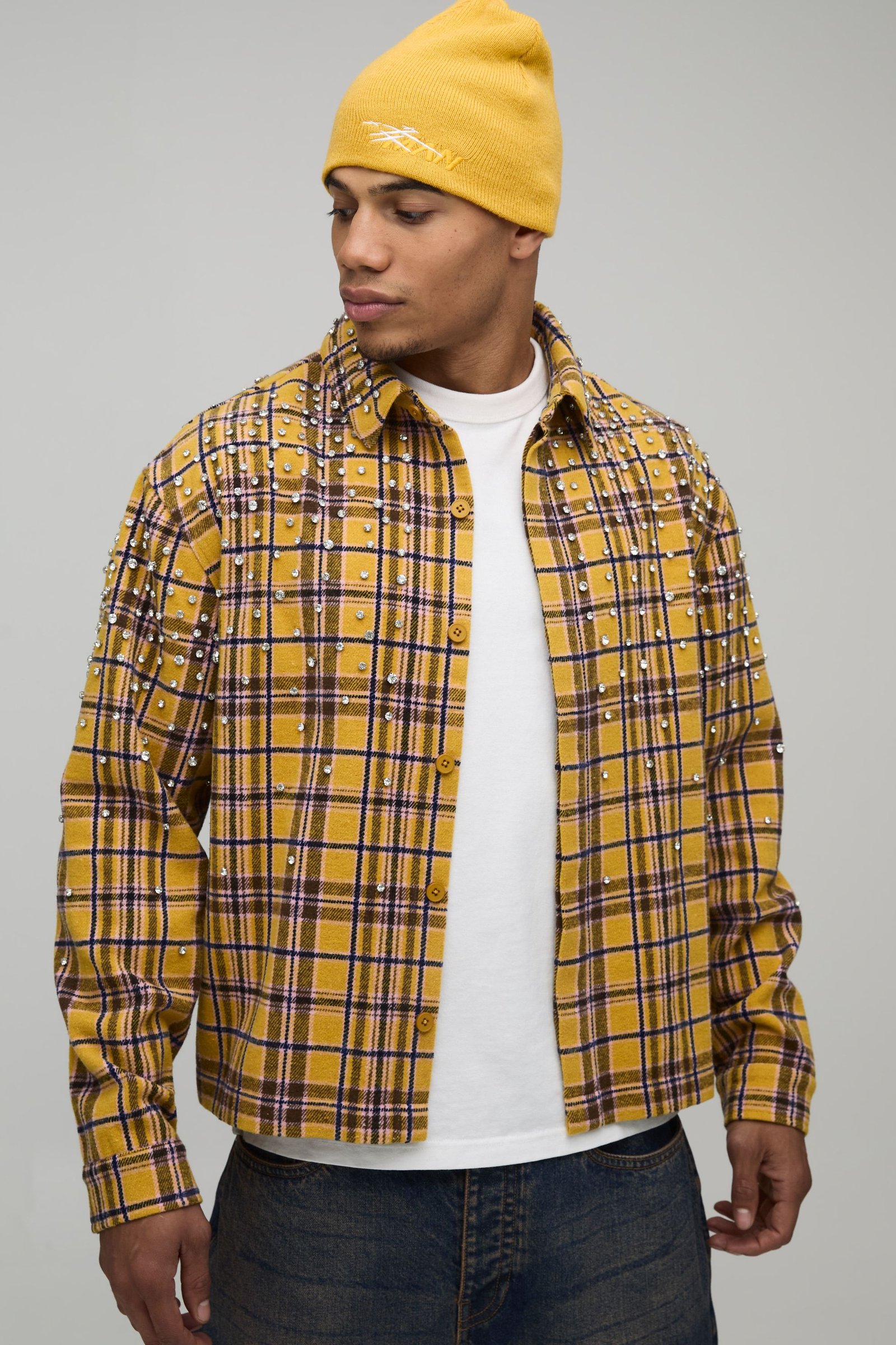 Chemise à Carreaux Oversize Boxy avec Strass Bijoux