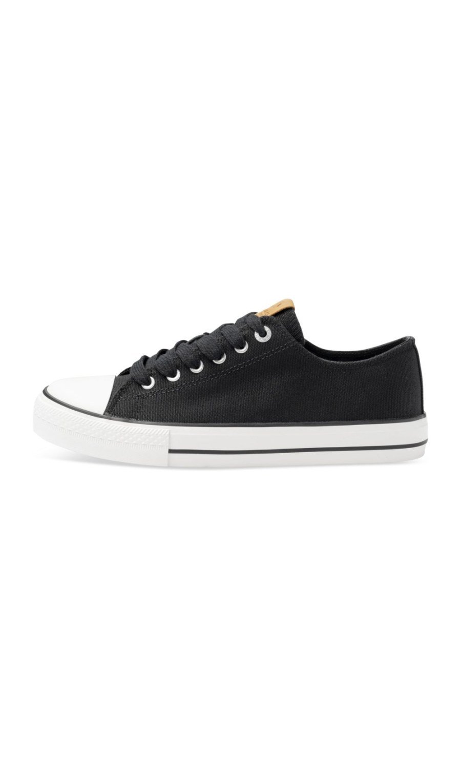 Black canvas trainers, striped sole