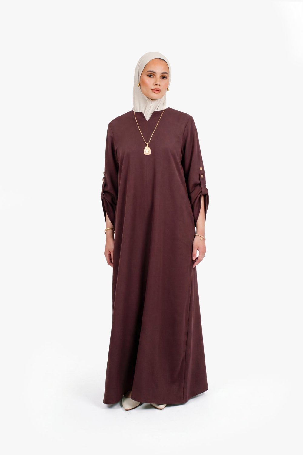 Button-sleeve linen cotton abaya - Chocolate