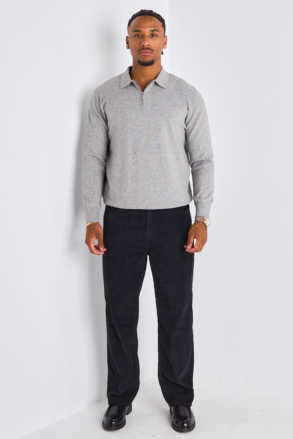 Pull demi-zip à col rabat gris