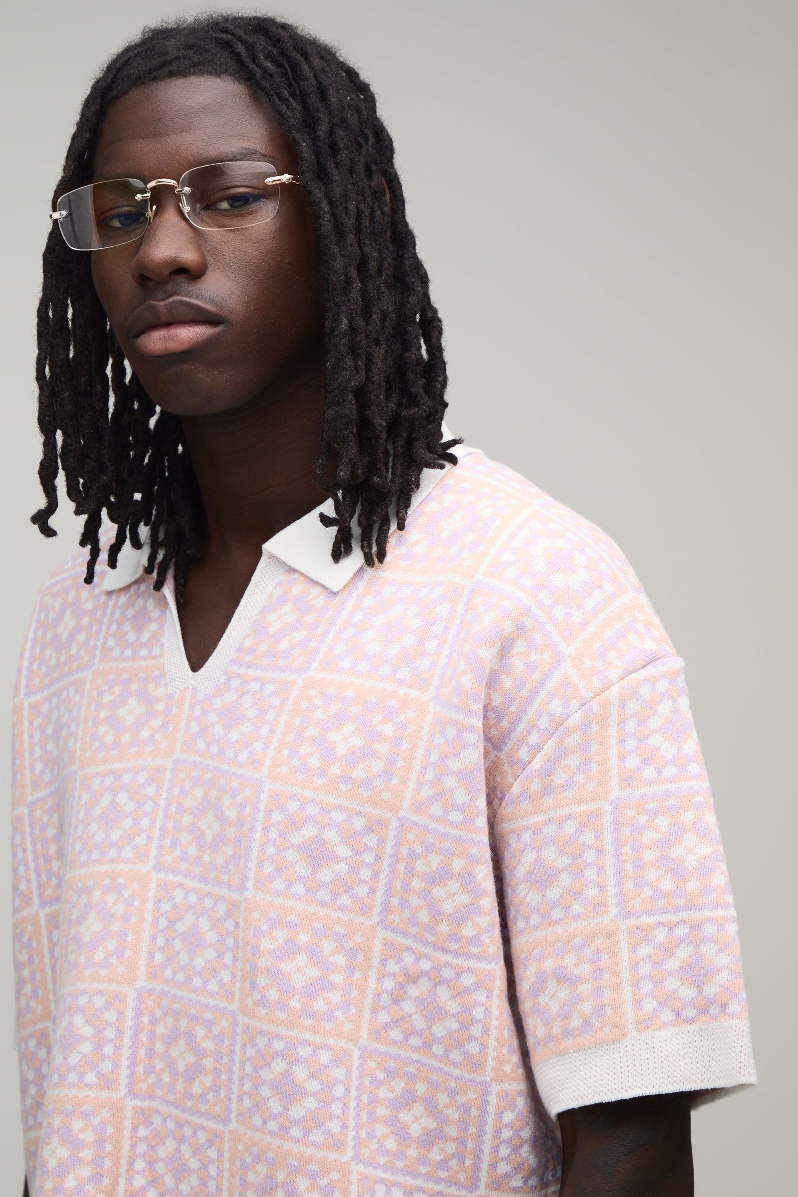 Polo oversize boxy b maille crochet à carreaux