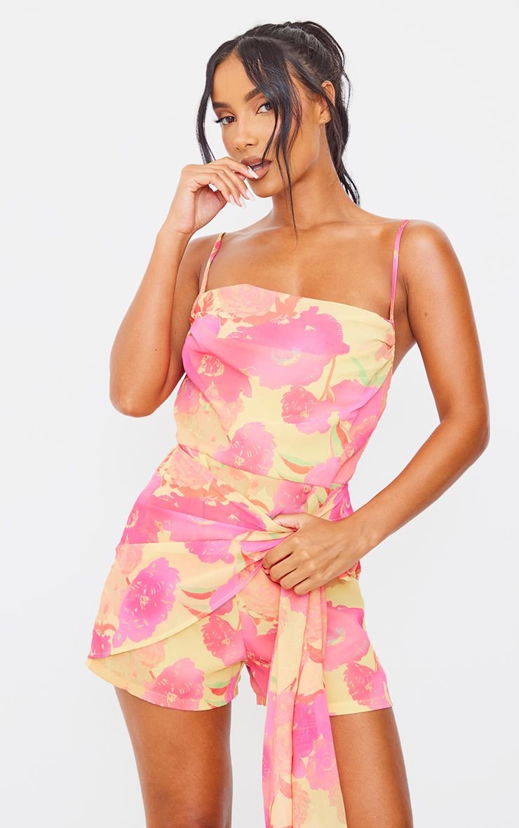 Combinaison-short À Bretelles En Mousseline À Imprimé Floral Avec Détail De Lien Drapé