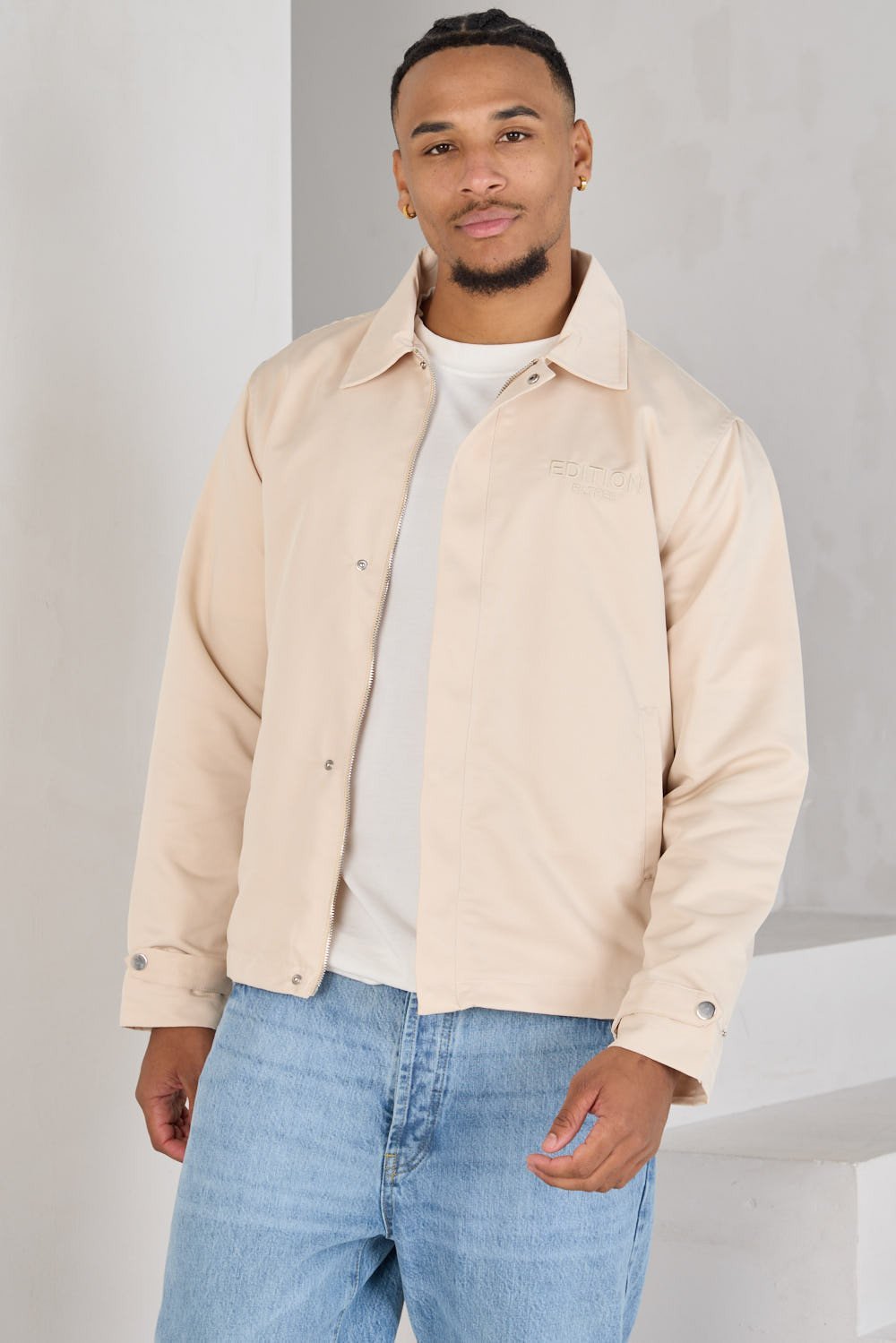 Beige zip and button jacket with lapel collar