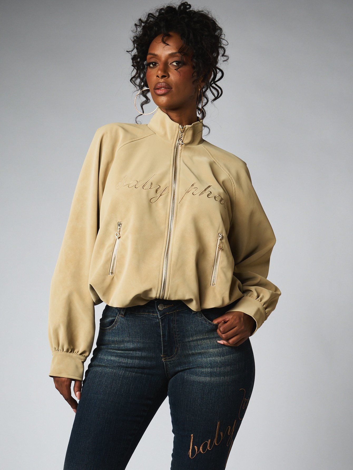 Short suede bomber jacket with embroidered logo