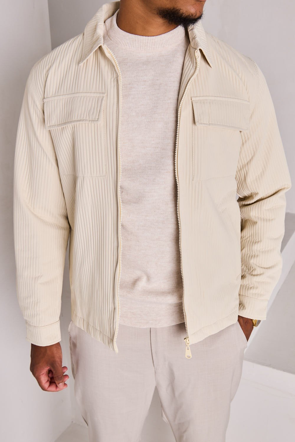 Veste côtelée beige b zip w col rabat