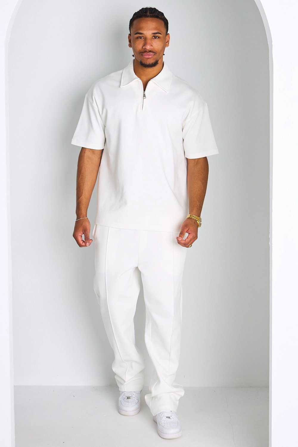 White zip polo and joggers set