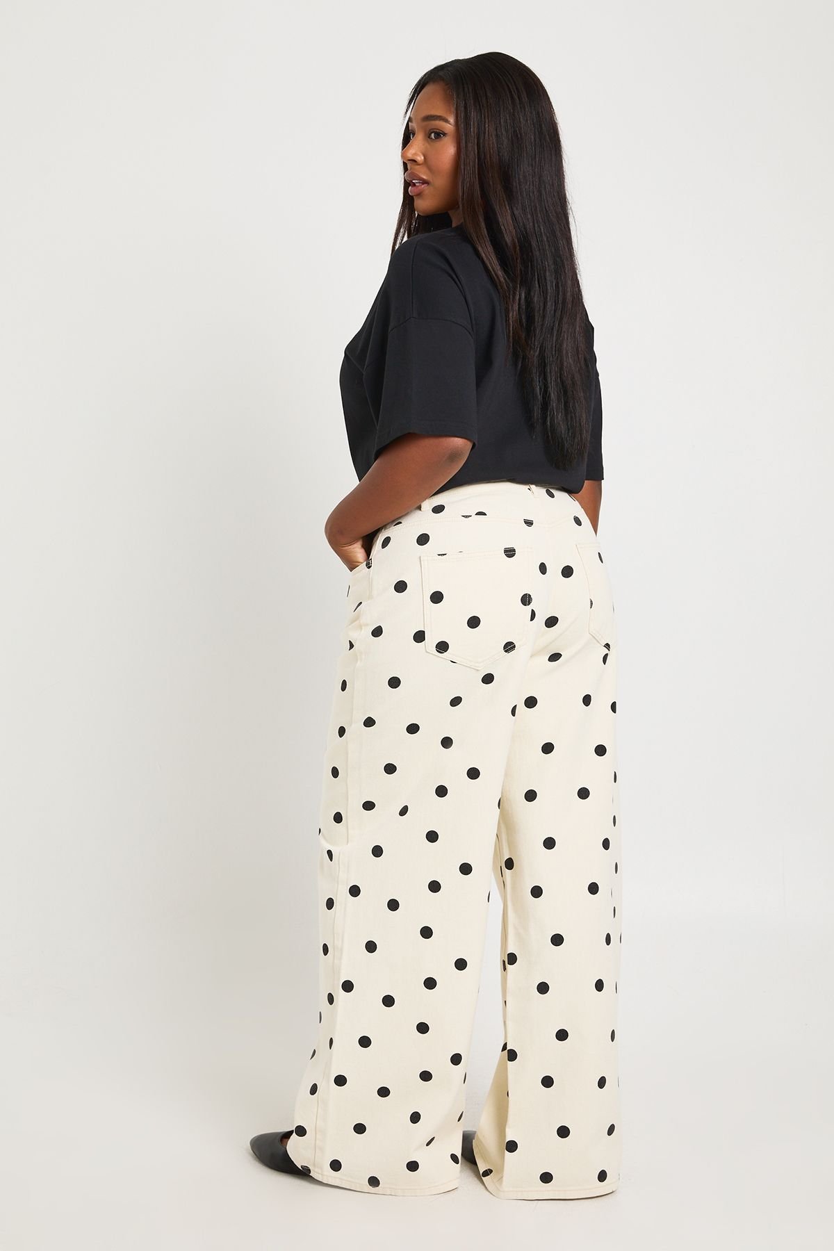 Jean Grande Taille À Pois Taille Haute Jambe Large
