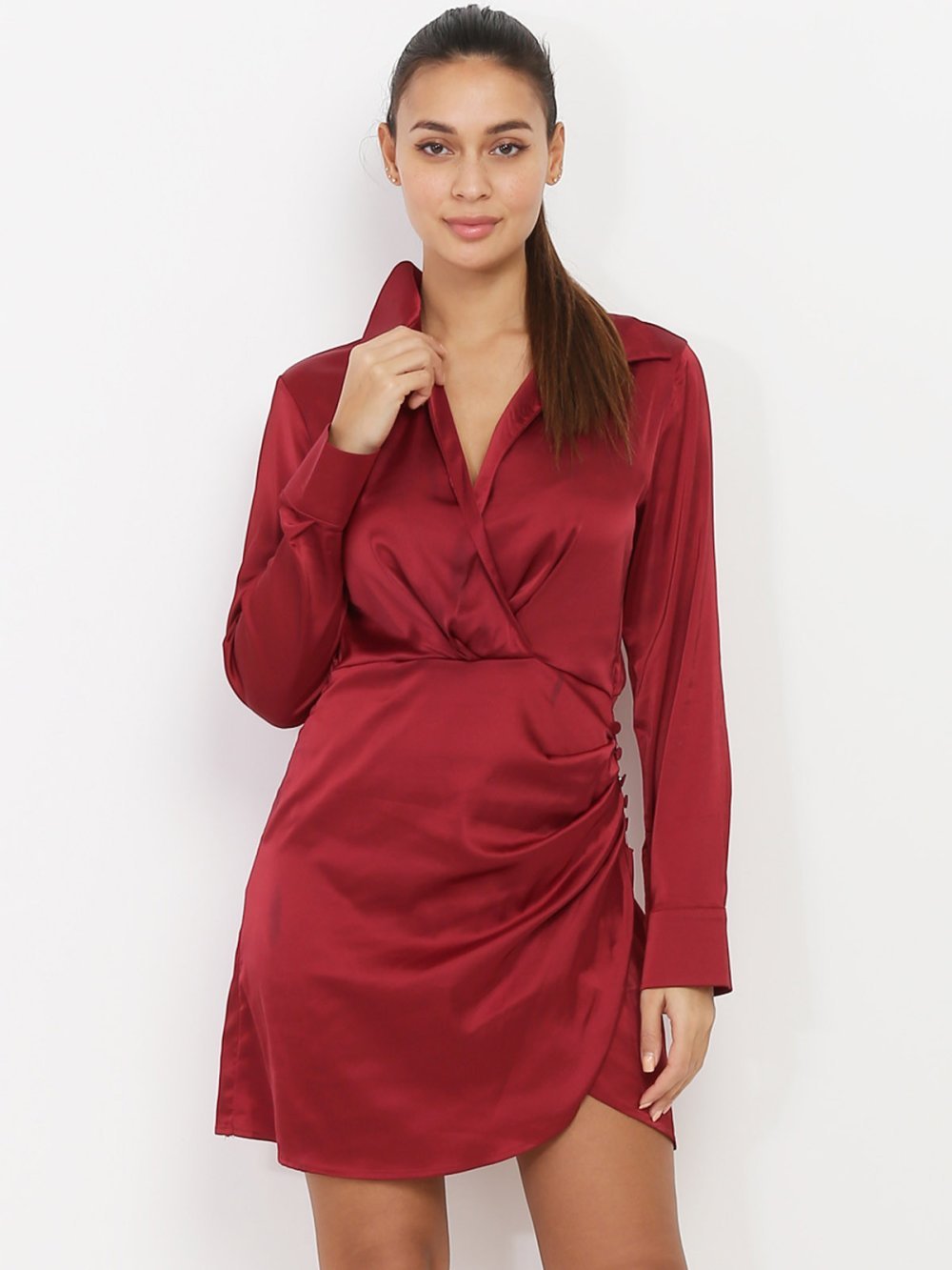 Burgundy satin wrap mini dress with buttons