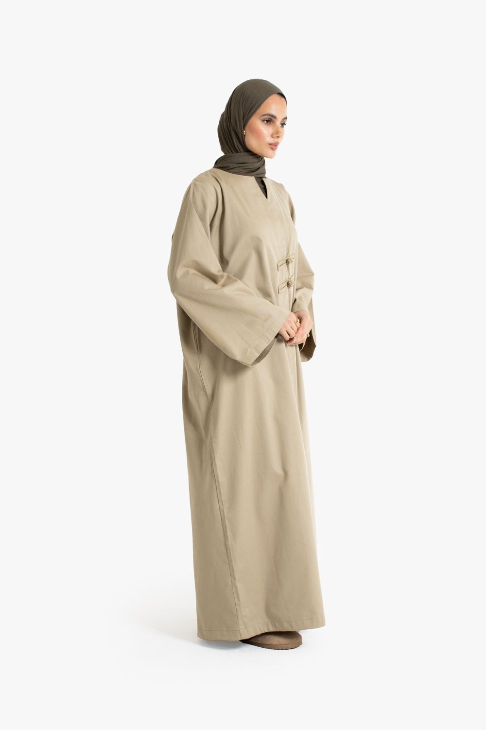 Open frog-button cotton abaya - Beige