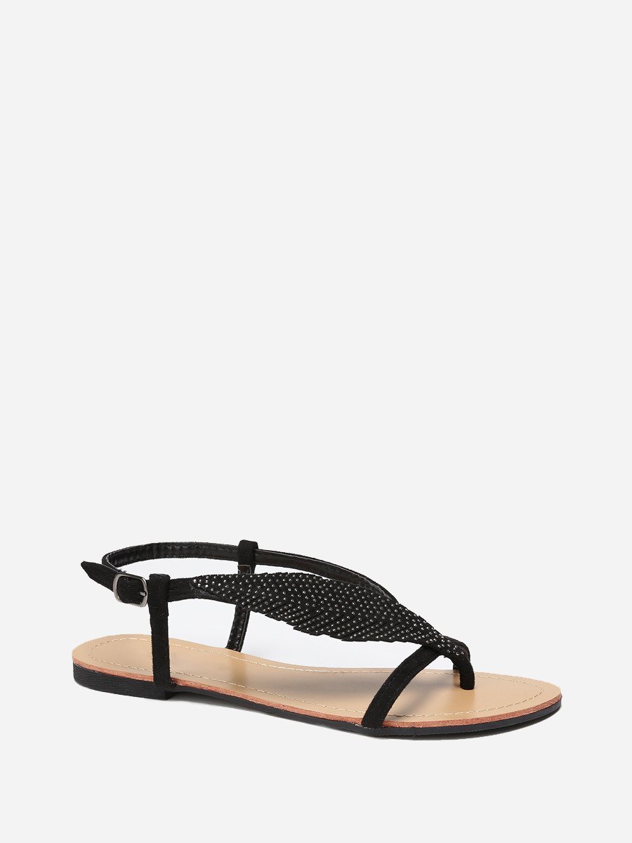 Nu-pieds plats à feuille en strass noirs