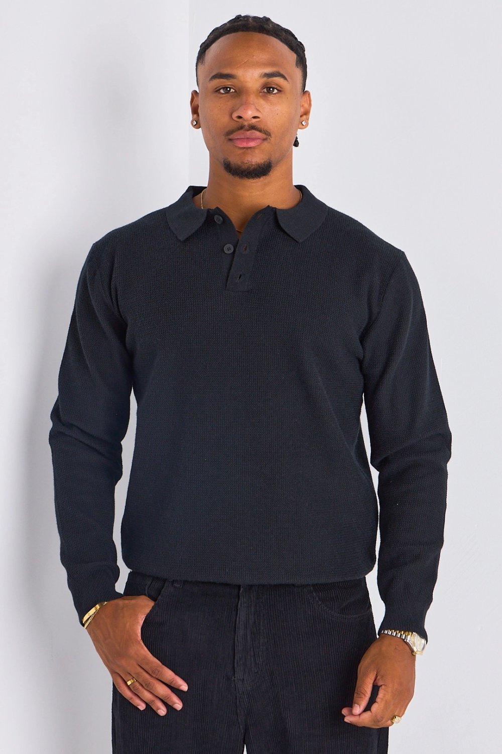 Black long-sleeved knit-effect polo shirt