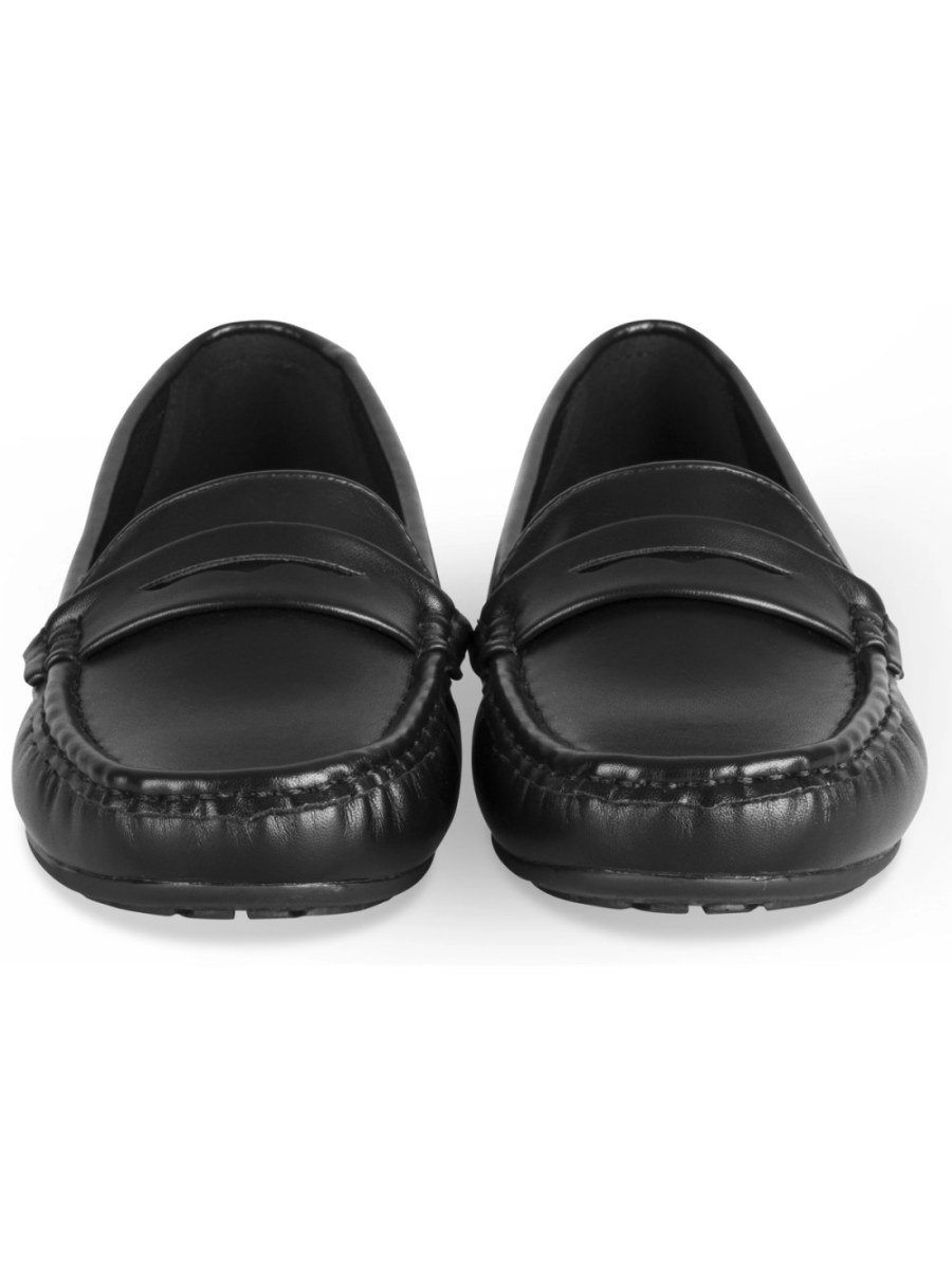 Black faux leather penny loafers