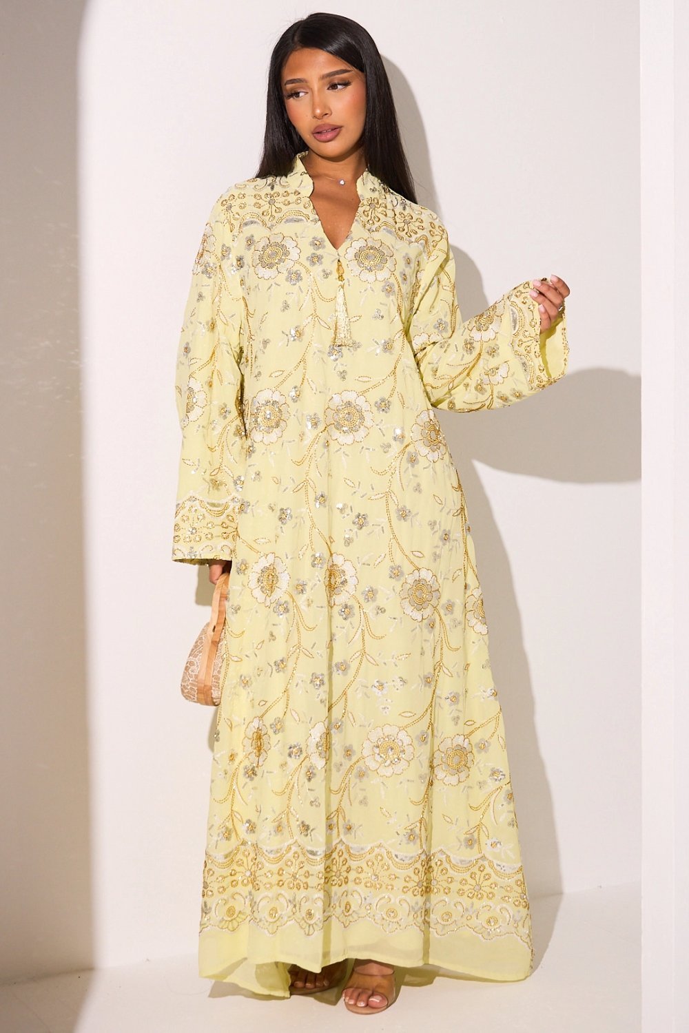 Abaya à perles dorées et sequins jaune