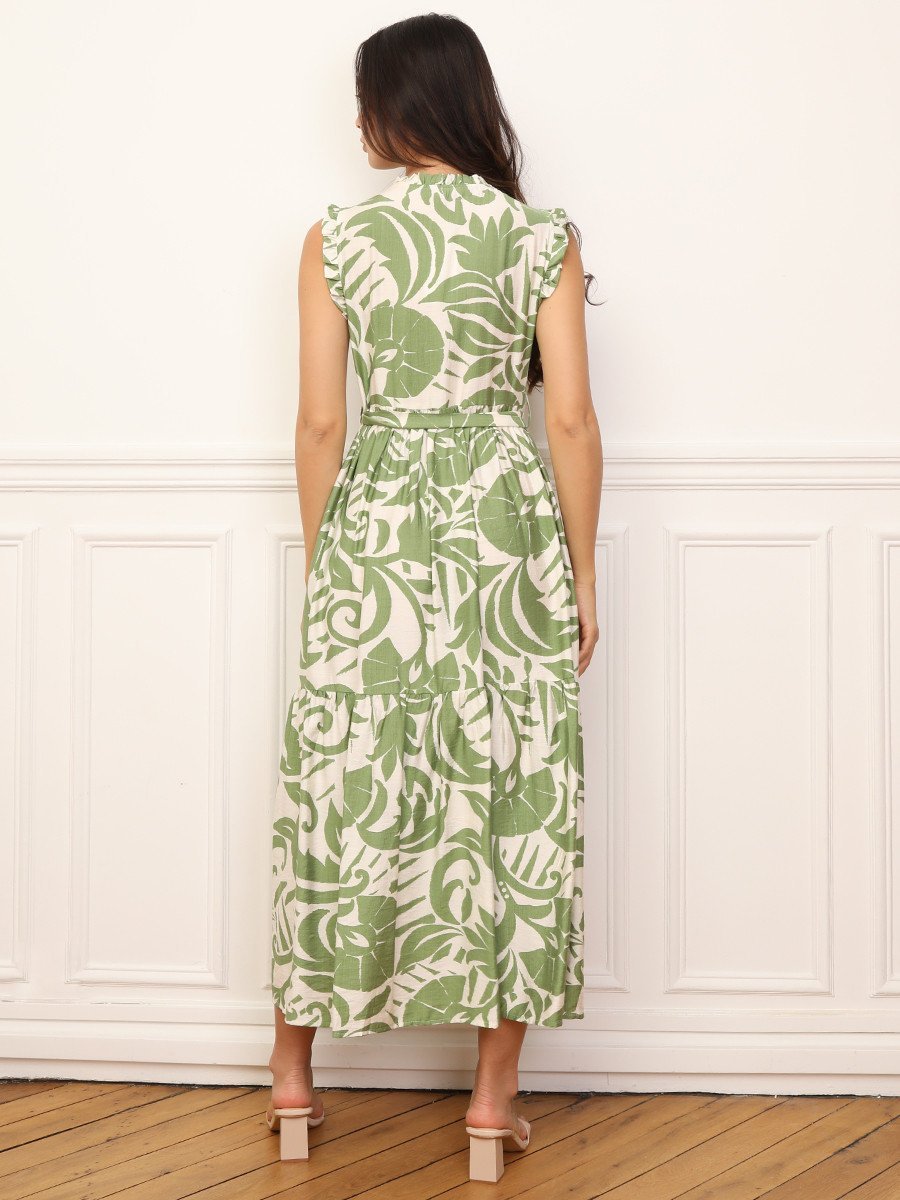 Robe longue imprimée à volants et ceinture vert clair