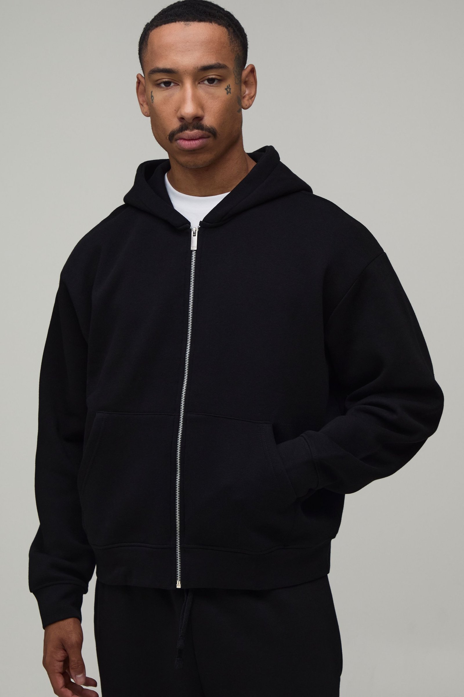 Sweat à Capuche Oversize Boxy Basique avec Fermeture Éclair