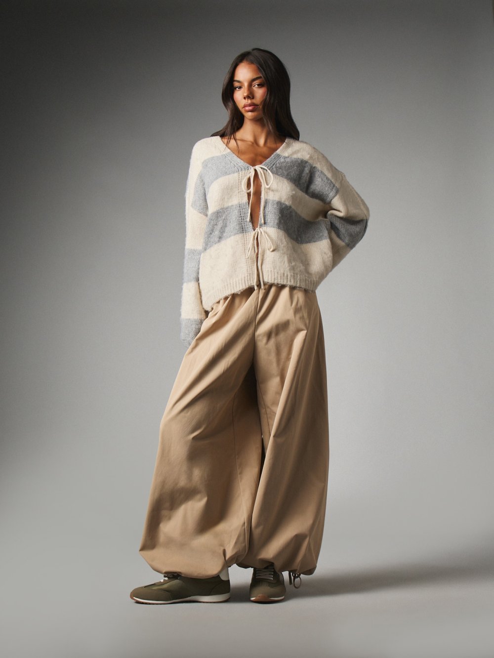 Striped tie-front cardigan