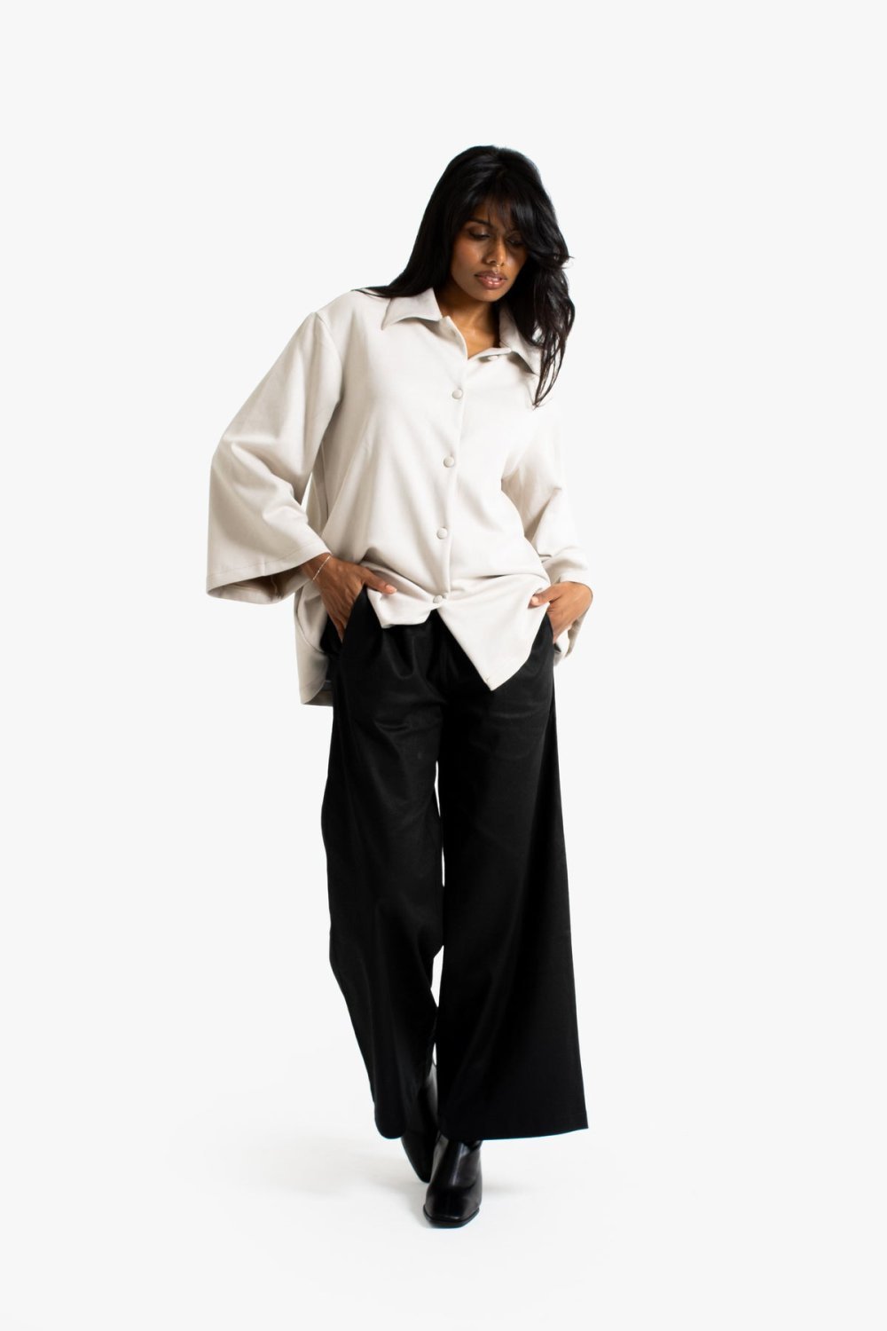 Pantalon large à pinces en lin et coton - Noir