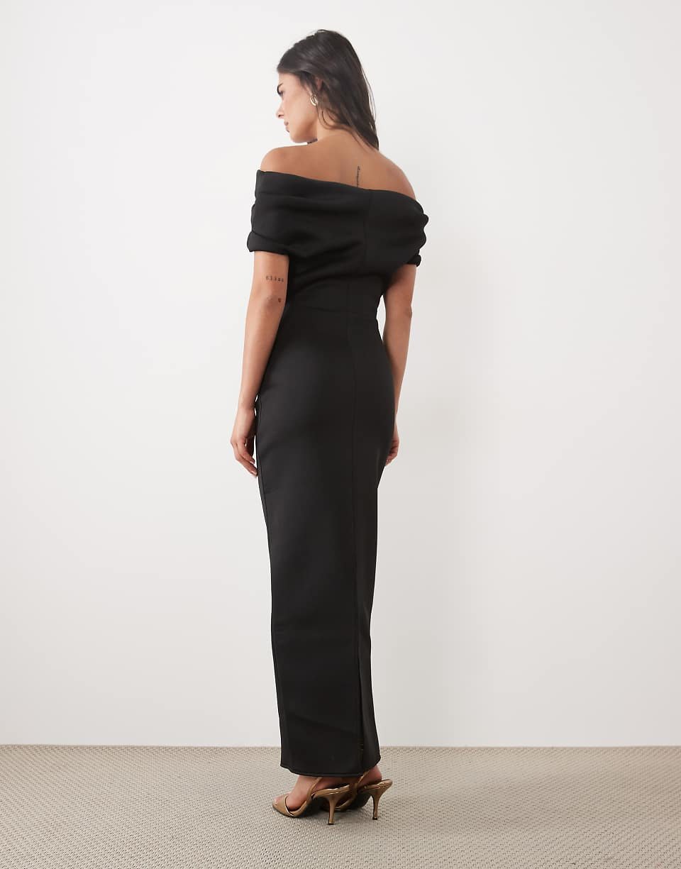 Robe longue bardot avec fente en tissu scuba noir