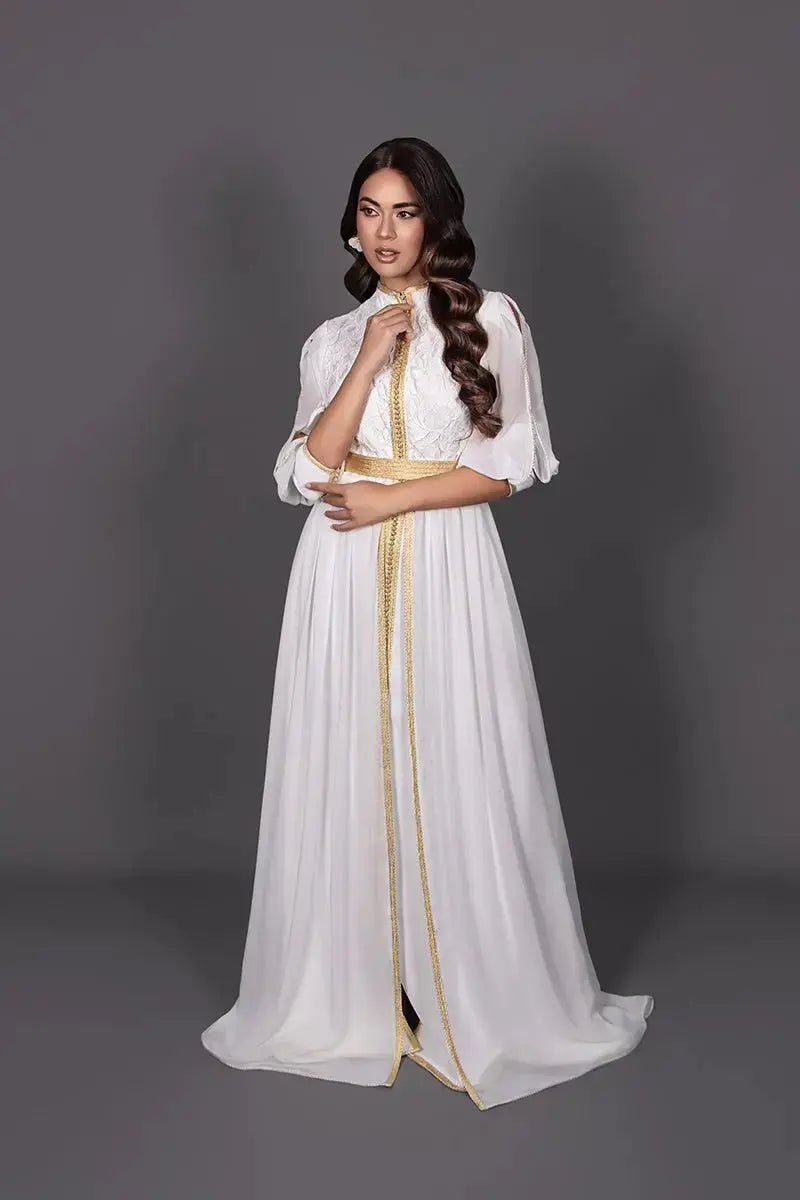 White lace caftan with high collar and gold sfifa
