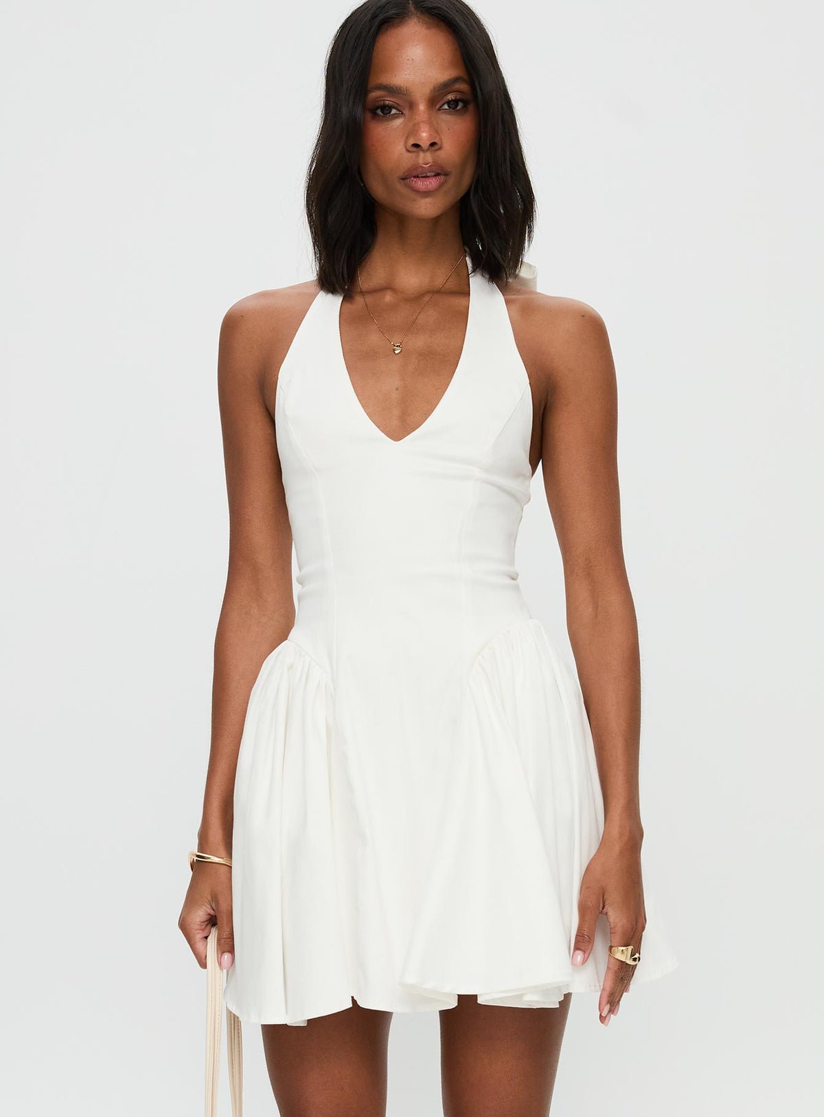 Halter mini dress with side pleats