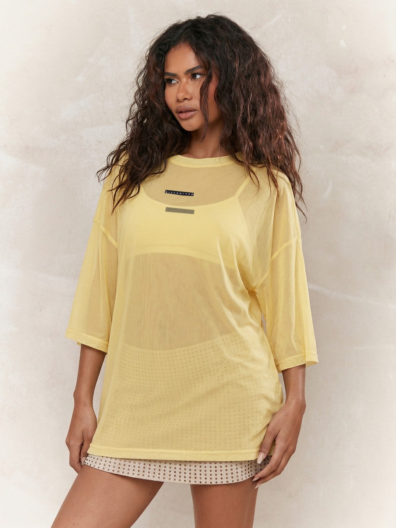 Top Oversize En Maille Jaune Transparente À Manches Trois-Quarts